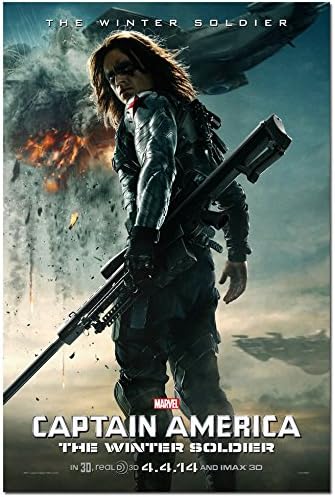 Captain America: The Winter Soldier poster with an armed long-haired soldier, explosion, aircraft, and teal-gray sky.