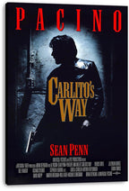 Carlito's Way wall art print on canvas displays a shadowed man with a gun against a blue-gray doorway, with red Pacino lettering.