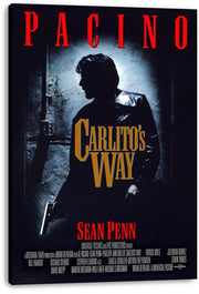 Carlito's Way wall art print on canvas displays a shadowed man with a gun against a blue-gray doorway, with red Pacino lettering.