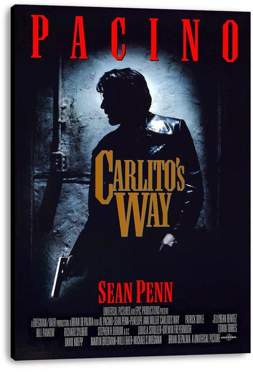 Carlito's Way wall art print on canvas displays a shadowed man with a gun against a blue-gray doorway, with red Pacino lettering.