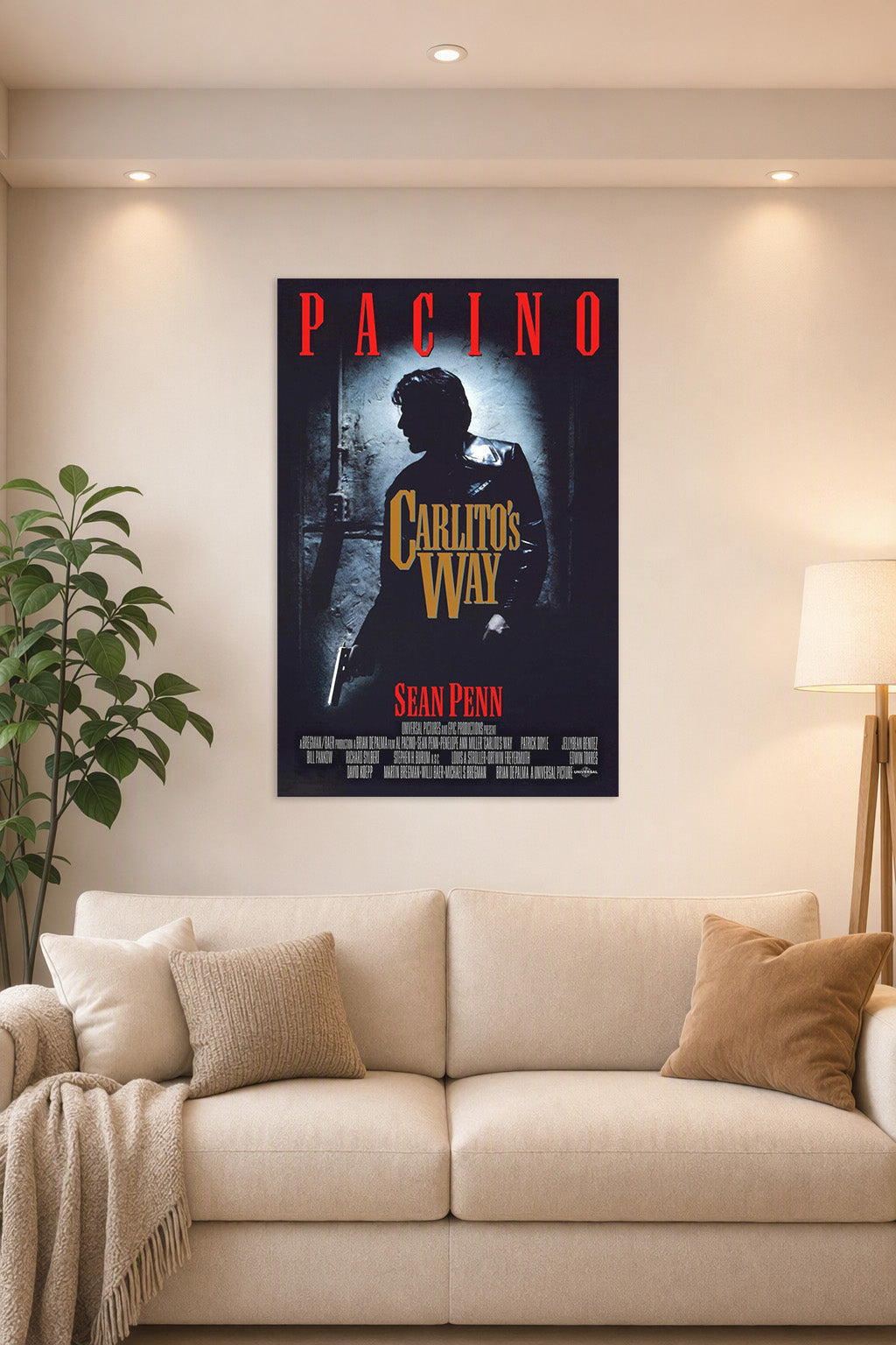 Carlito's Way Al Pacino in a bright living room above a beige sofa.