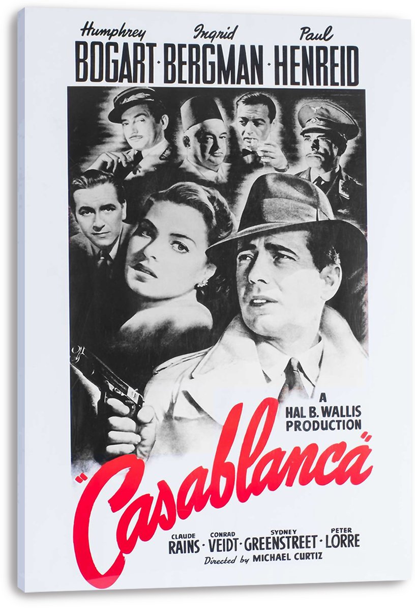Casablanca movie poster canvas print featuring monochrome portraits, a fedora-wearing man with a pistol, and red script lettering.