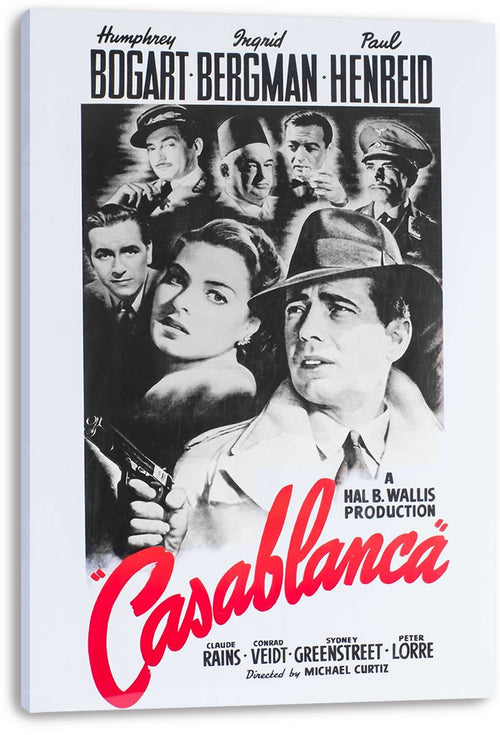 Casablanca movie poster canvas print featuring monochrome portraits, a fedora-wearing man with a pistol, and red script lettering.