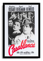 Casablanca movie poster framed wall art print with black-and-white cast portraits, a handgun, and the vivid red Casablanca title.