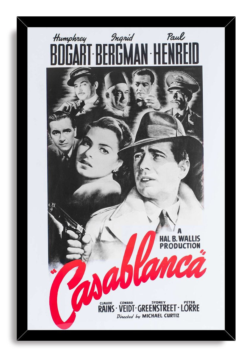 Casablanca movie poster framed wall art print with black-and-white cast portraits, a handgun, and the vivid red Casablanca title.