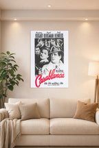 Casablanca Movie in a bright living room above a beige sofa.