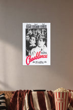 Casablanca Movie in a cozy movie room above a brown sofa with popcorn.