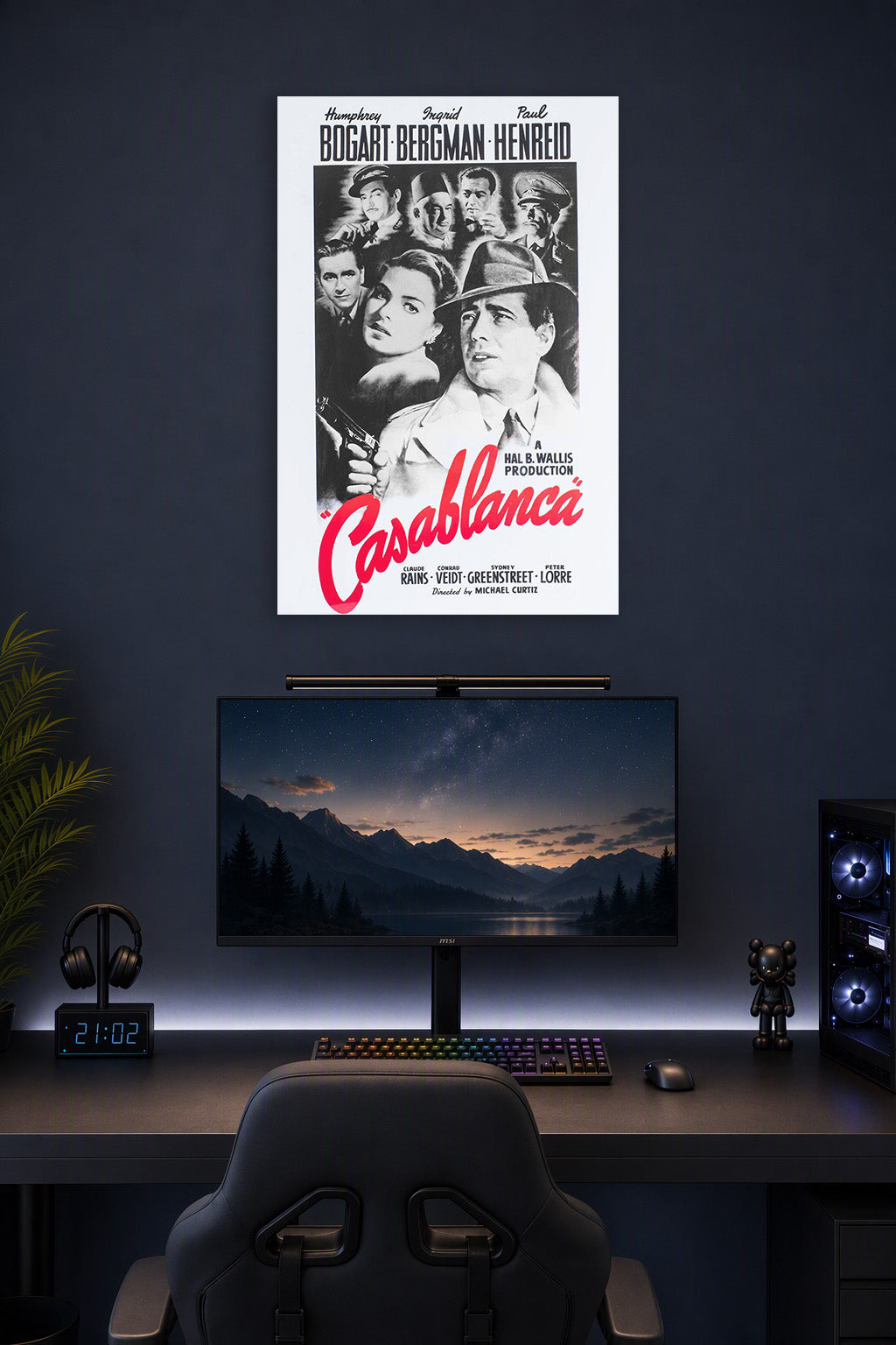 Casablanca Movie in a gaming desk setup above a monitor.