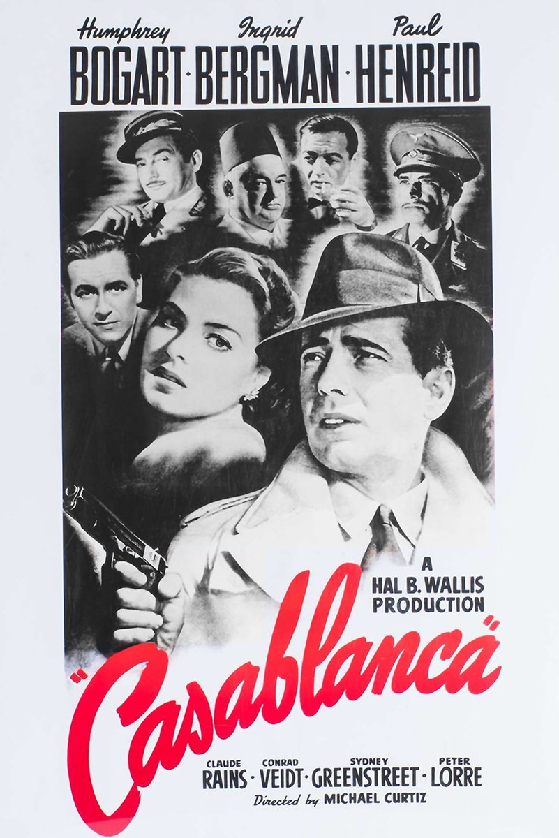 Casablanca movie poster wall art print with black-and-white character portraits, a man holding a pistol, and a bold red title.