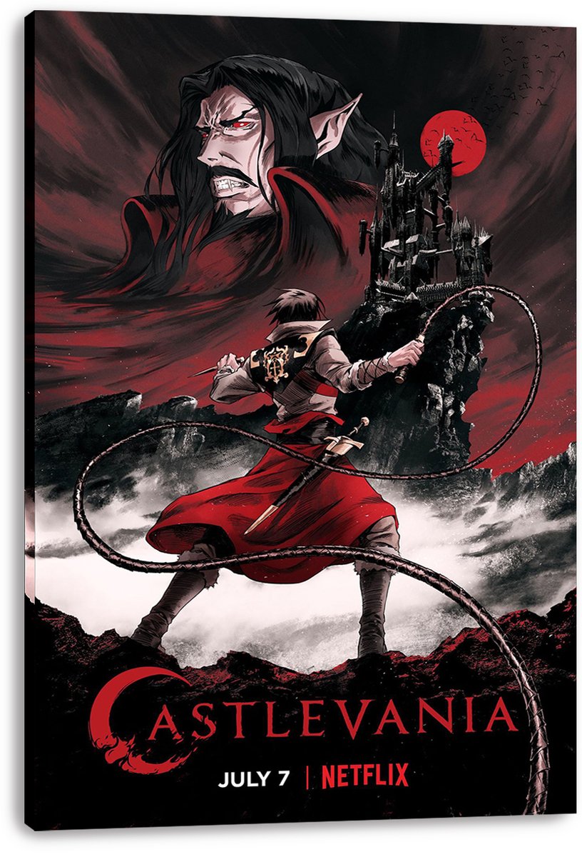 Castlevania canvas wall art print displays Trevor Belmont with his whip facing Dracula's castle under a blood-red moon.