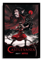 Castlevania framed wall art print depicts Trevor Belmont's looping whip, Dracula's looming portrait, castle, bats, and red moon.
