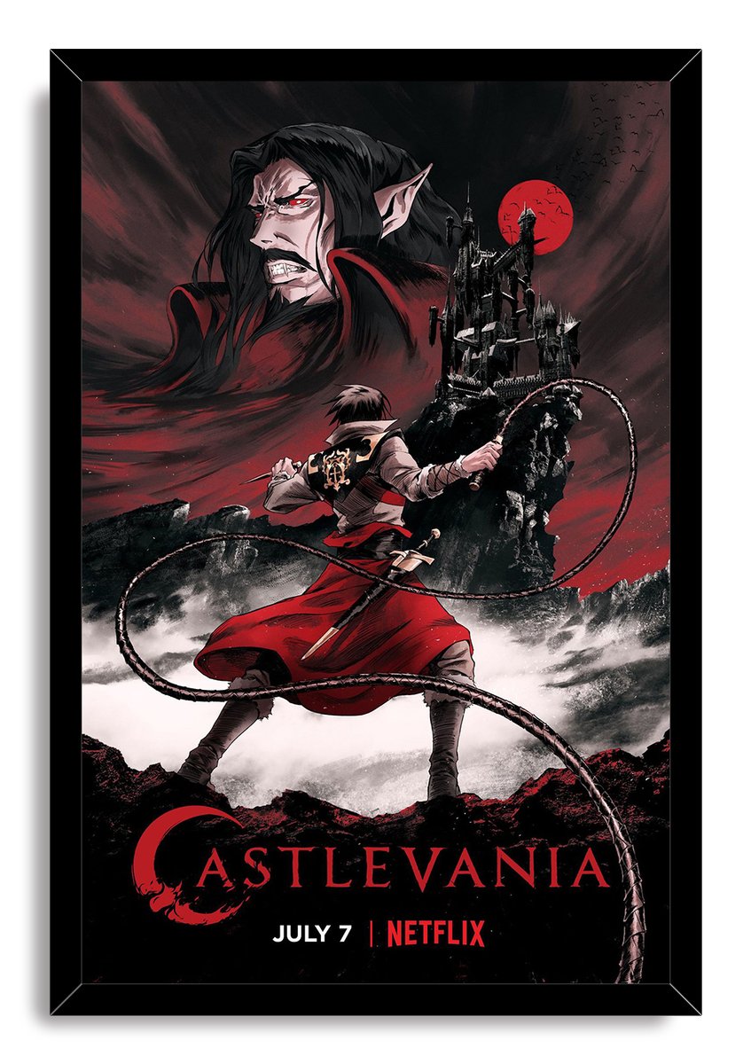 Castlevania framed wall art print depicts Trevor Belmont's looping whip, Dracula's looming portrait, castle, bats, and red moon.