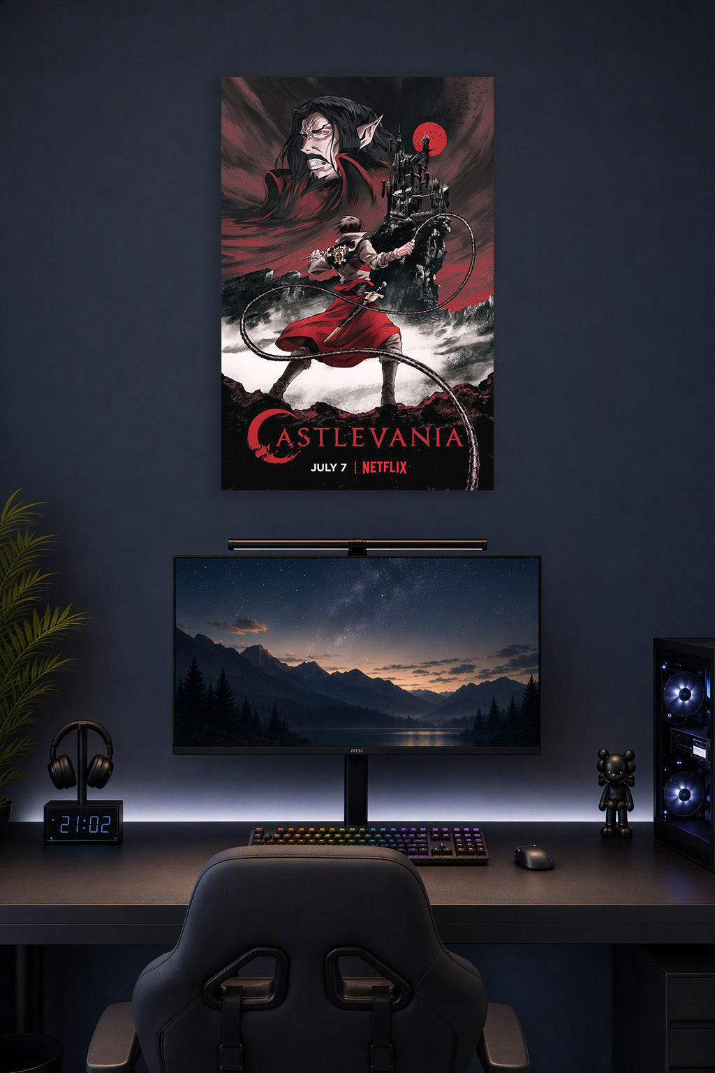 Castlevania in a gaming desk setup above a monitor.