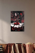 Castlevania in a cozy movie room above a brown sofa with popcorn.