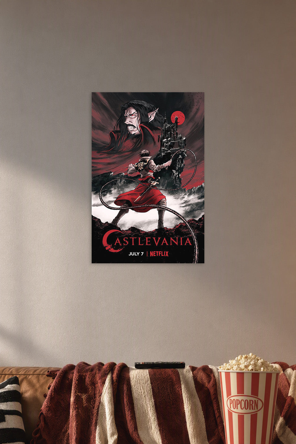Castlevania in a cozy movie room above a brown sofa with popcorn.
