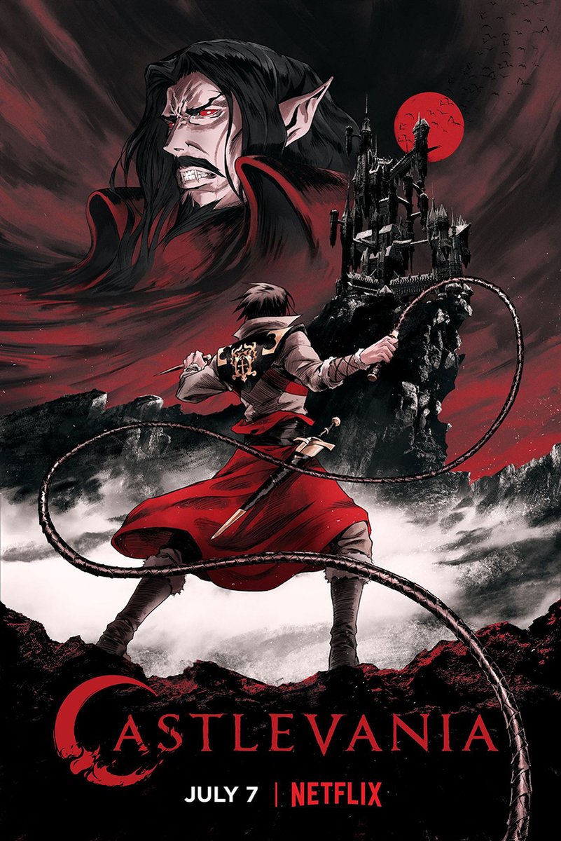 Castlevania poster features Trevor Belmont wielding a whip beneath Dracula, a gothic castle, bats, and a red moon.