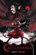 Castlevania poster features Trevor Belmont wielding a whip beneath Dracula, a gothic castle, bats, and a red moon.