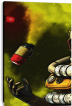 Canvas wall art print detail features Caustic’s gloved hand reaching for a red and yellow canister against smoky green fumes.