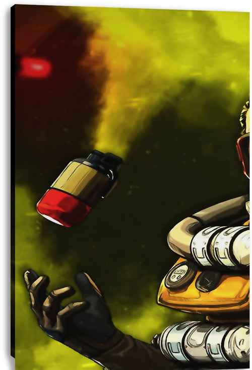 Canvas wall art print detail features Caustic’s gloved hand reaching for a red and yellow canister against smoky green fumes.