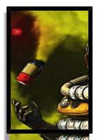 Framed wall art print displays a close crop of Caustic’s hand, armor tubes, and floating red canister in yellow-green smoke.