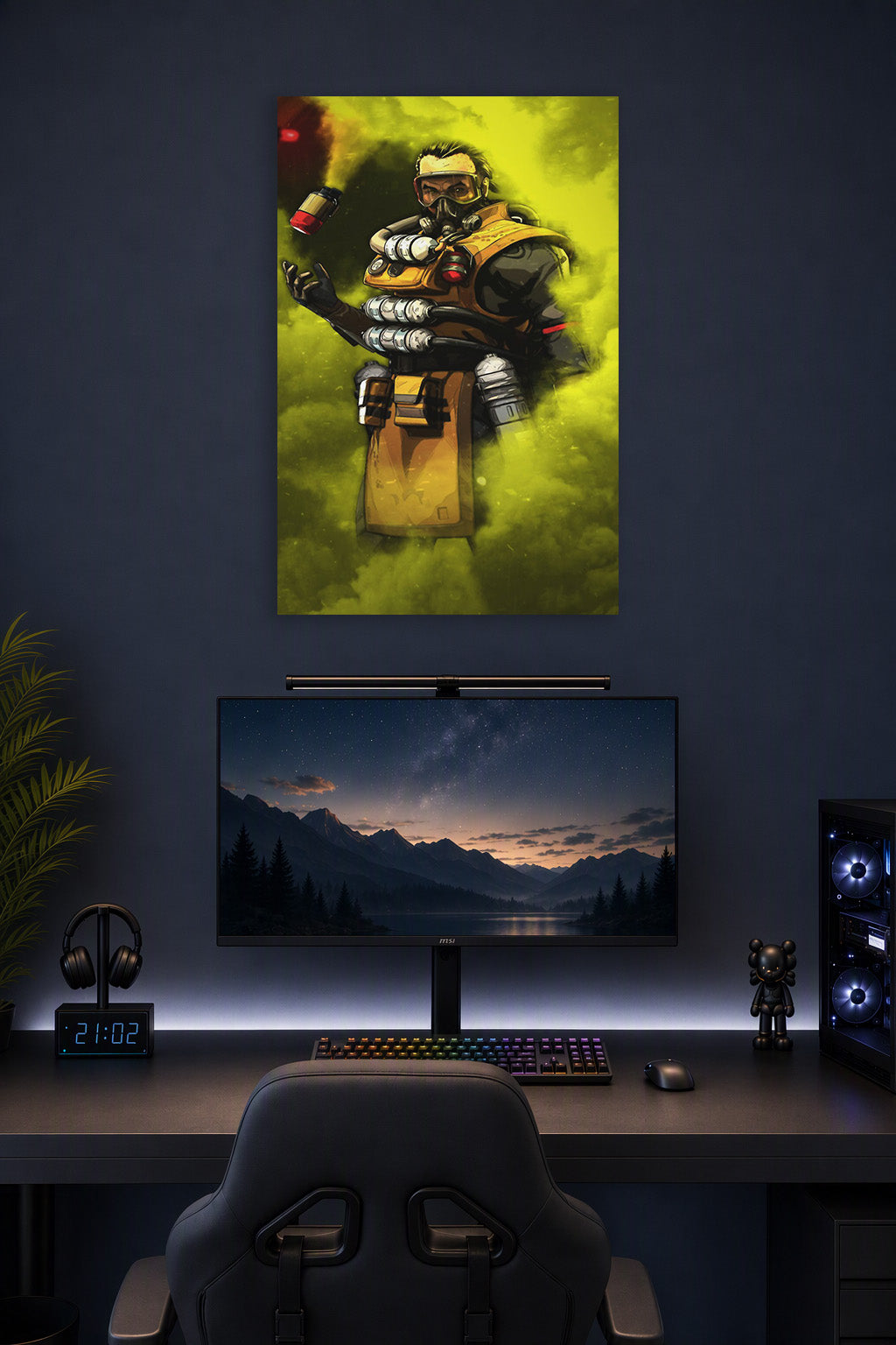Caustic Apex Legends in a gaming desk setup above a monitor.