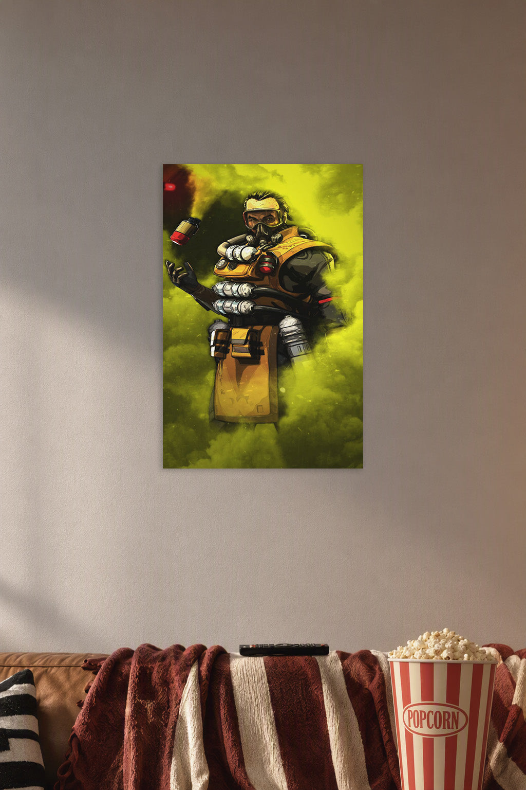 Caustic Apex Legends in a cozy movie room above a brown sofa with popcorn.