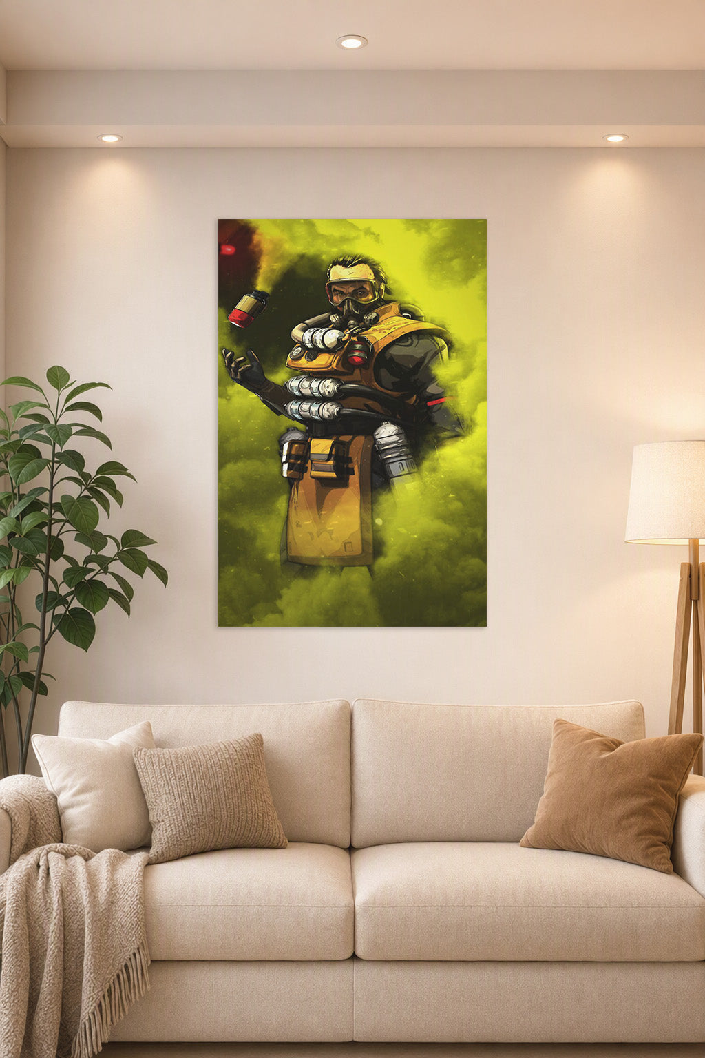 Caustic Apex Legends in a bright living room above a beige sofa.