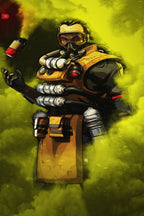 Caustic Apex Legends wall art print portrays the masked fighter in orange armor amid swirling yellow-green gas, tossing a red canister.
