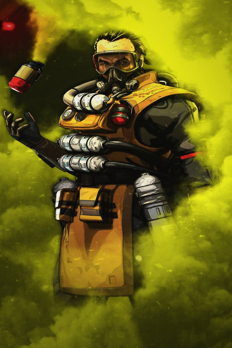 Caustic Apex Legends wall art print portrays the masked fighter in orange armor amid swirling yellow-green gas, tossing a red canister.
