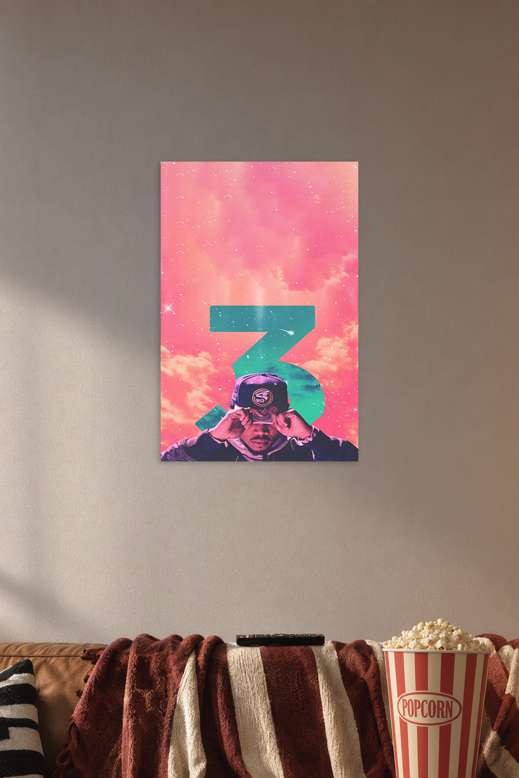 Chance the Rapper '3' in a cozy movie room above a brown sofa with popcorn.