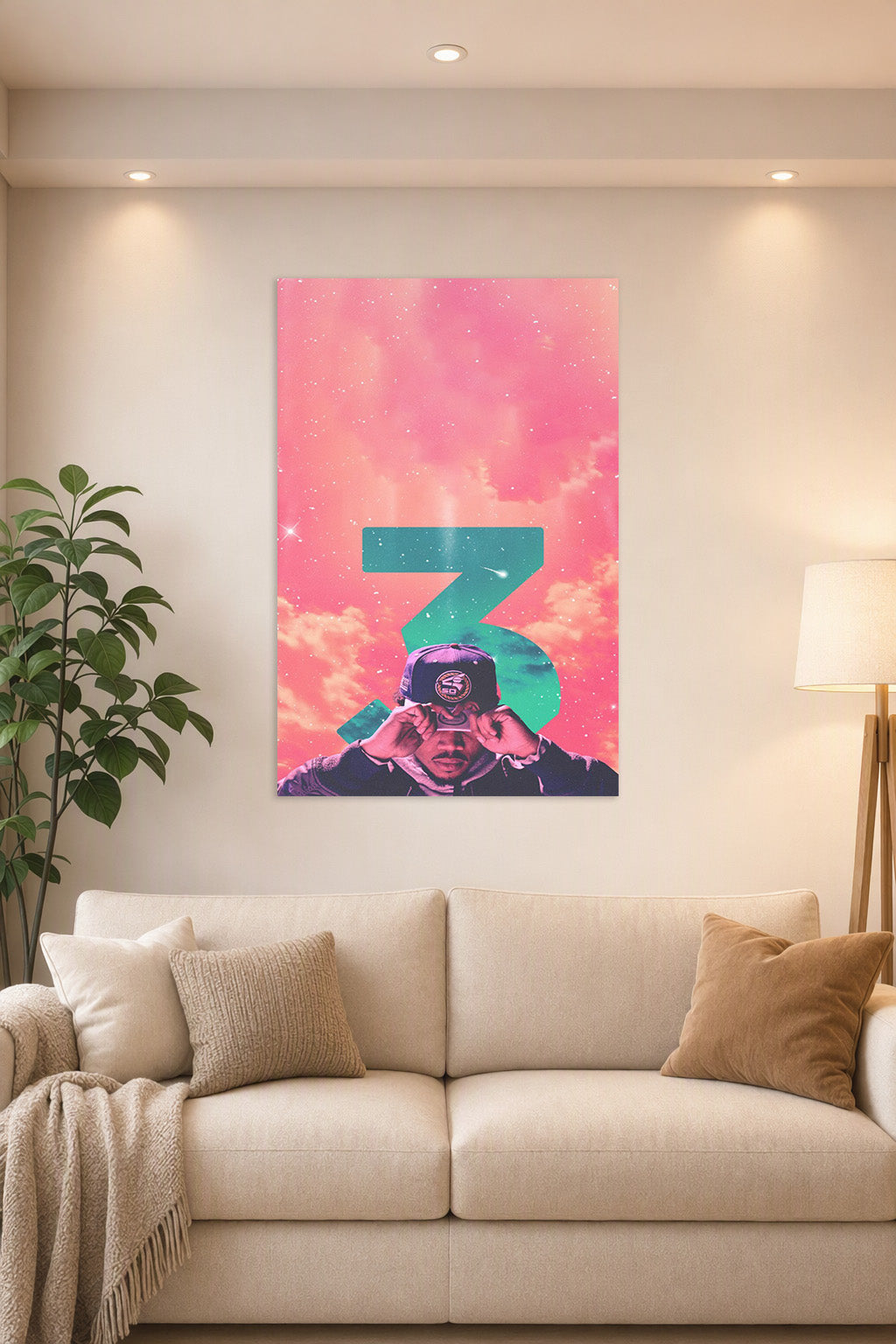 Chance the Rapper '3' in a bright living room above a beige sofa.