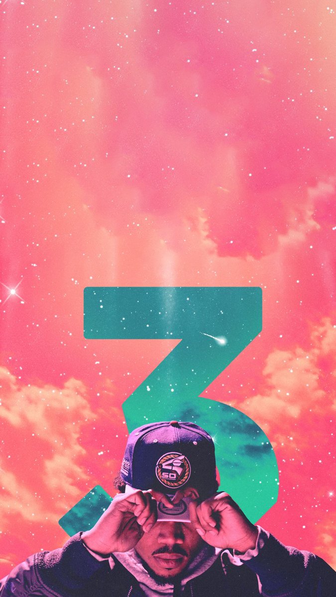 Chance the Rapper wall art print features the rapper adjusting his cap beneath a teal number 3 in a pink starry sky.