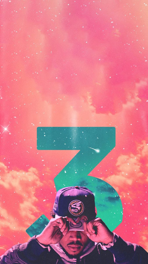 Chance the Rapper wall art print features the rapper adjusting his cap beneath a teal number 3 in a pink starry sky.