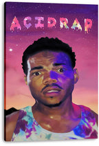 Chance the Rapper Acid Rap canvas wall art print displays a colorful painted portrait, dripping title lettering, and pink-purple starry backdrop.