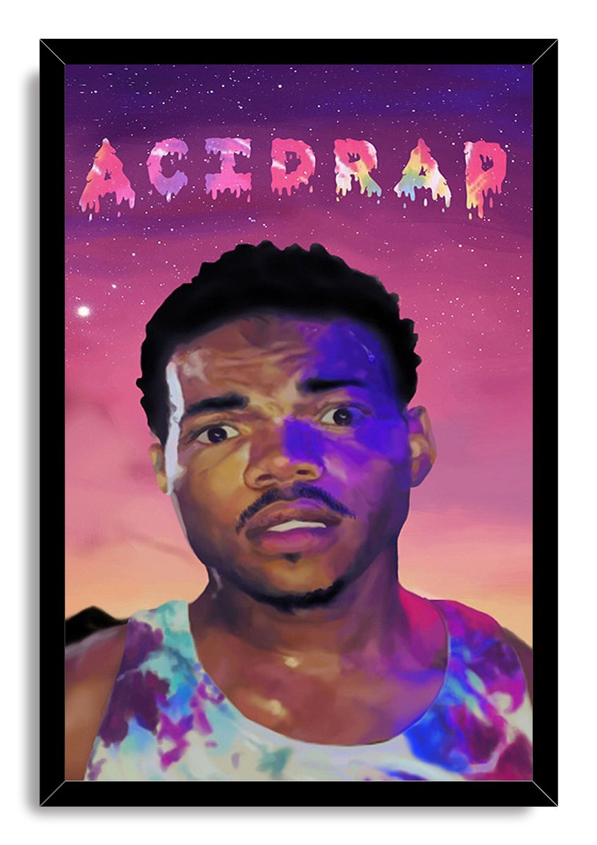 Chance the Rapper Acid Rap framed wall art print presents a vivid portrait in a tie-dye tank against a pink and purple star-filled sky.