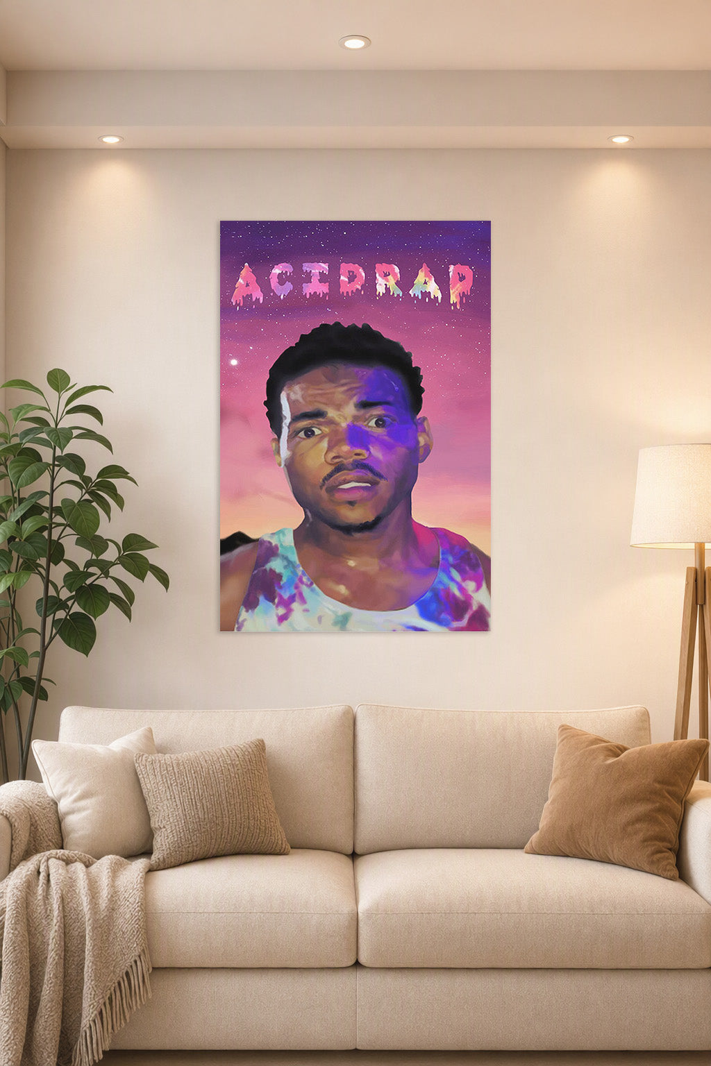 Chance the Rapper Acid Rap Album Art in a bright living room above a beige sofa.
