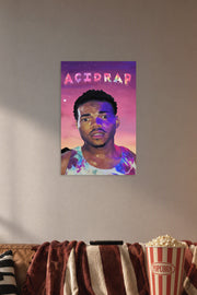 Chance the Rapper Acid Rap Album Art in a cozy movie room above a brown sofa with popcorn.