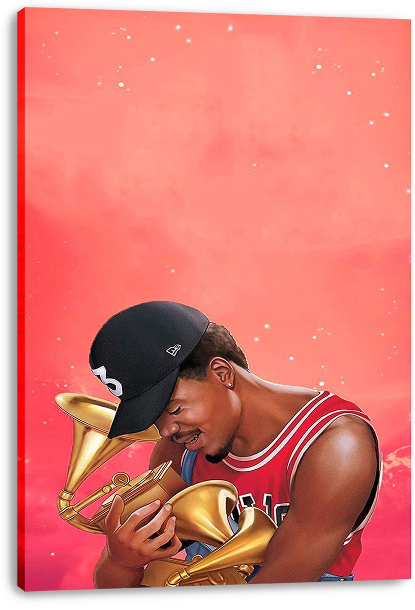 Chance the Rapper canvas wall art presents a musician in a black cap and red jersey cradling golden brass instruments on a coral, star-speckled background.