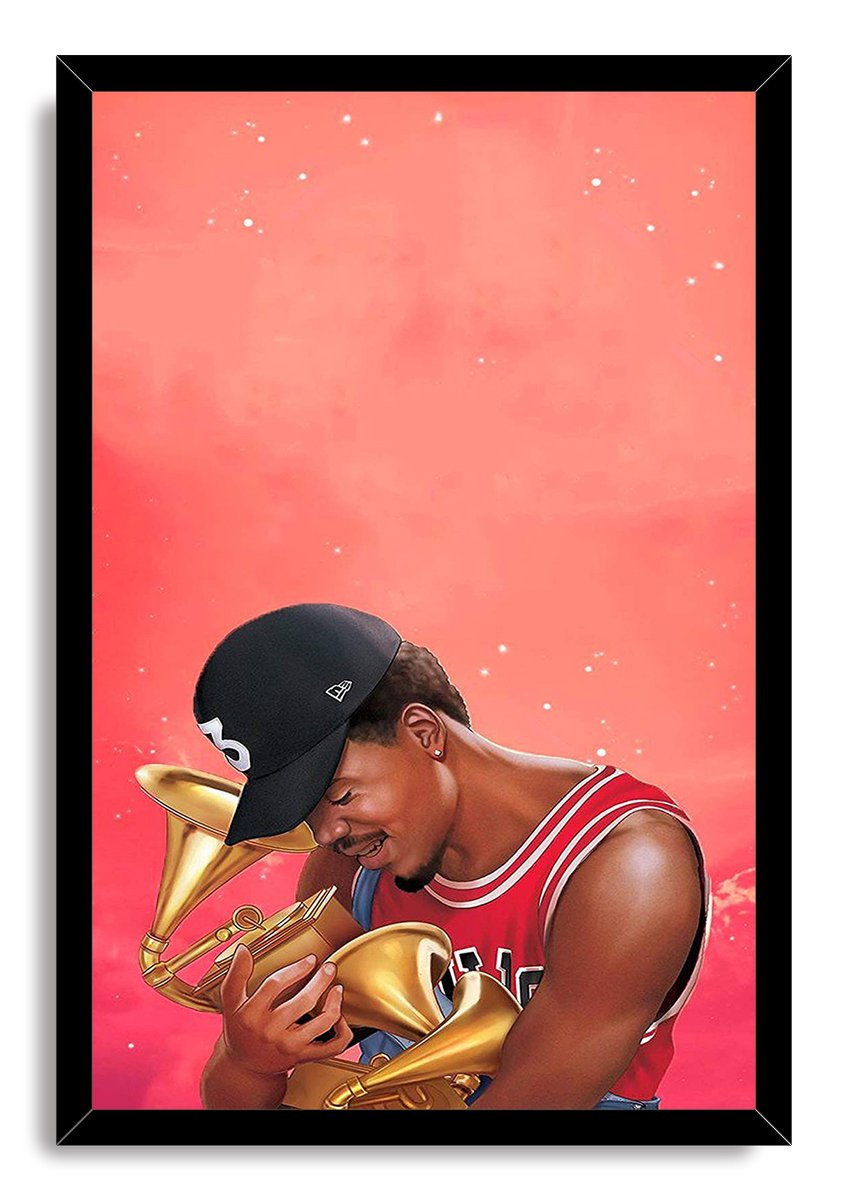Chance the Rapper framed wall art print features the artist in a black cap and red jersey with brass horns beneath a glowing coral sky.