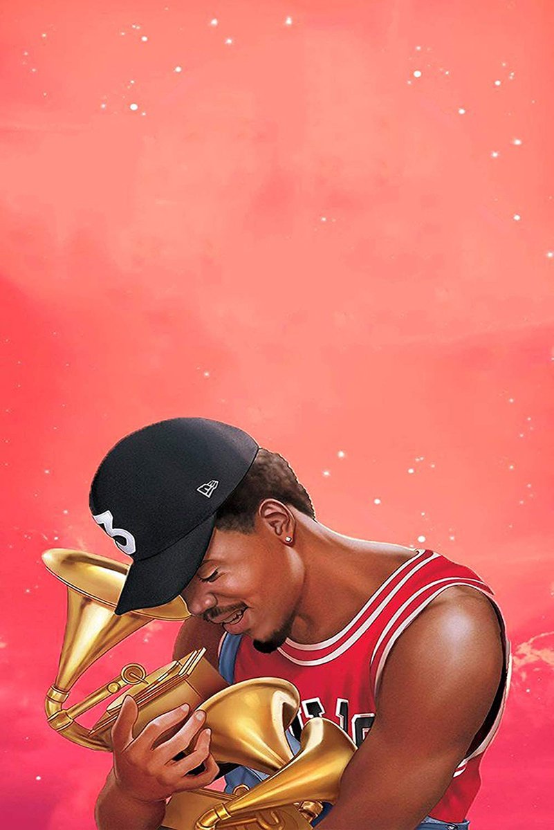 Chance the Rapper wall art print portrays the smiling musician in a red jersey holding golden brass horns against a coral starry sky.