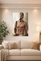 Channing Tatum in a bright living room above a beige sofa.