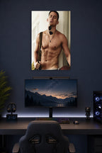 Channing Tatum in a gaming desk setup above a monitor.