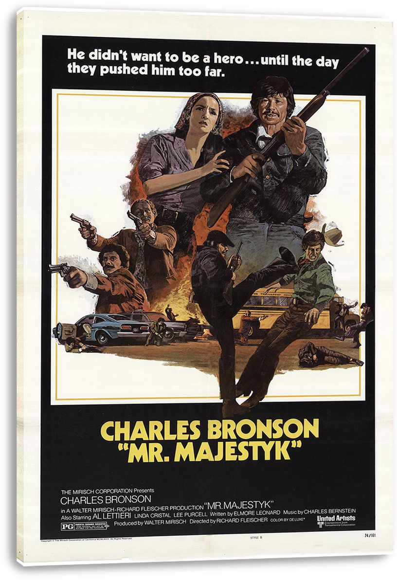 Mr. Majestyk movie poster canvas print featuring Charles Bronson with a rifle amid armed men, a woman, vehicles, and fiery action.