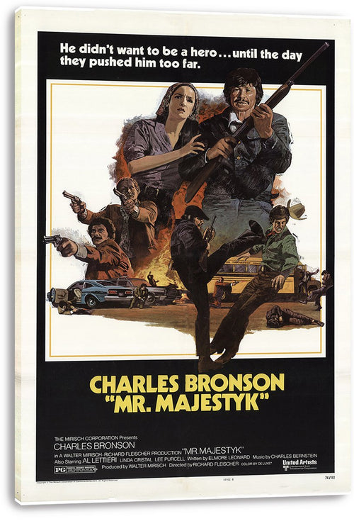 Mr. Majestyk movie poster canvas print featuring Charles Bronson with a rifle amid armed men, a woman, vehicles, and fiery action.