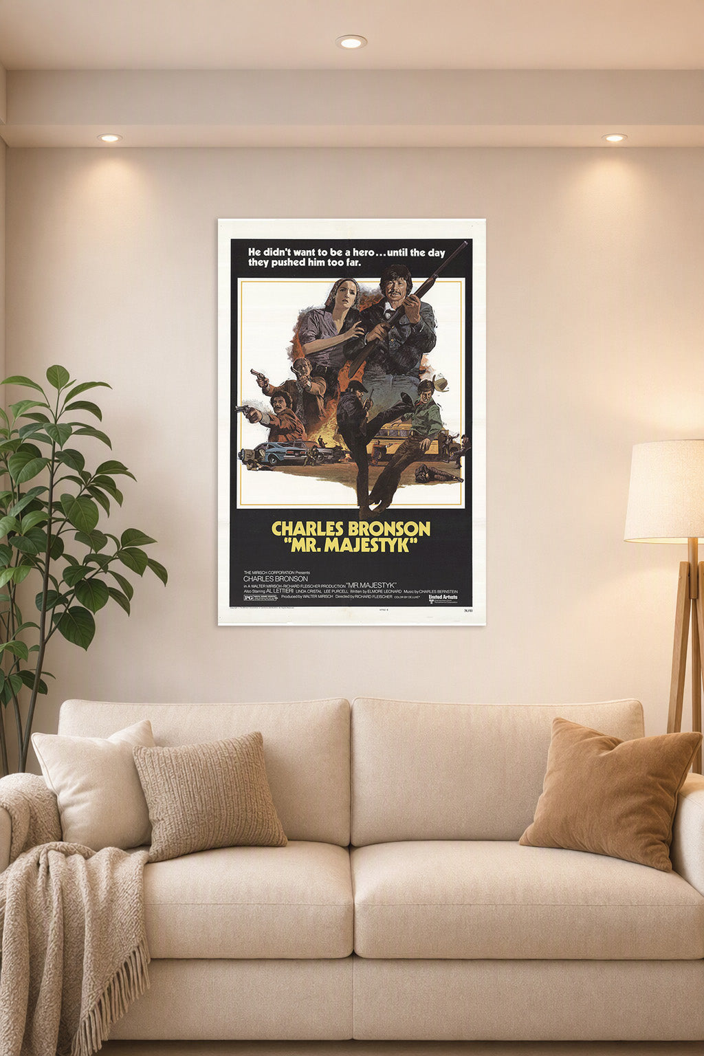 Charles Bronson Mr. Majestyk Movie Poster in a bright living room above a beige sofa.