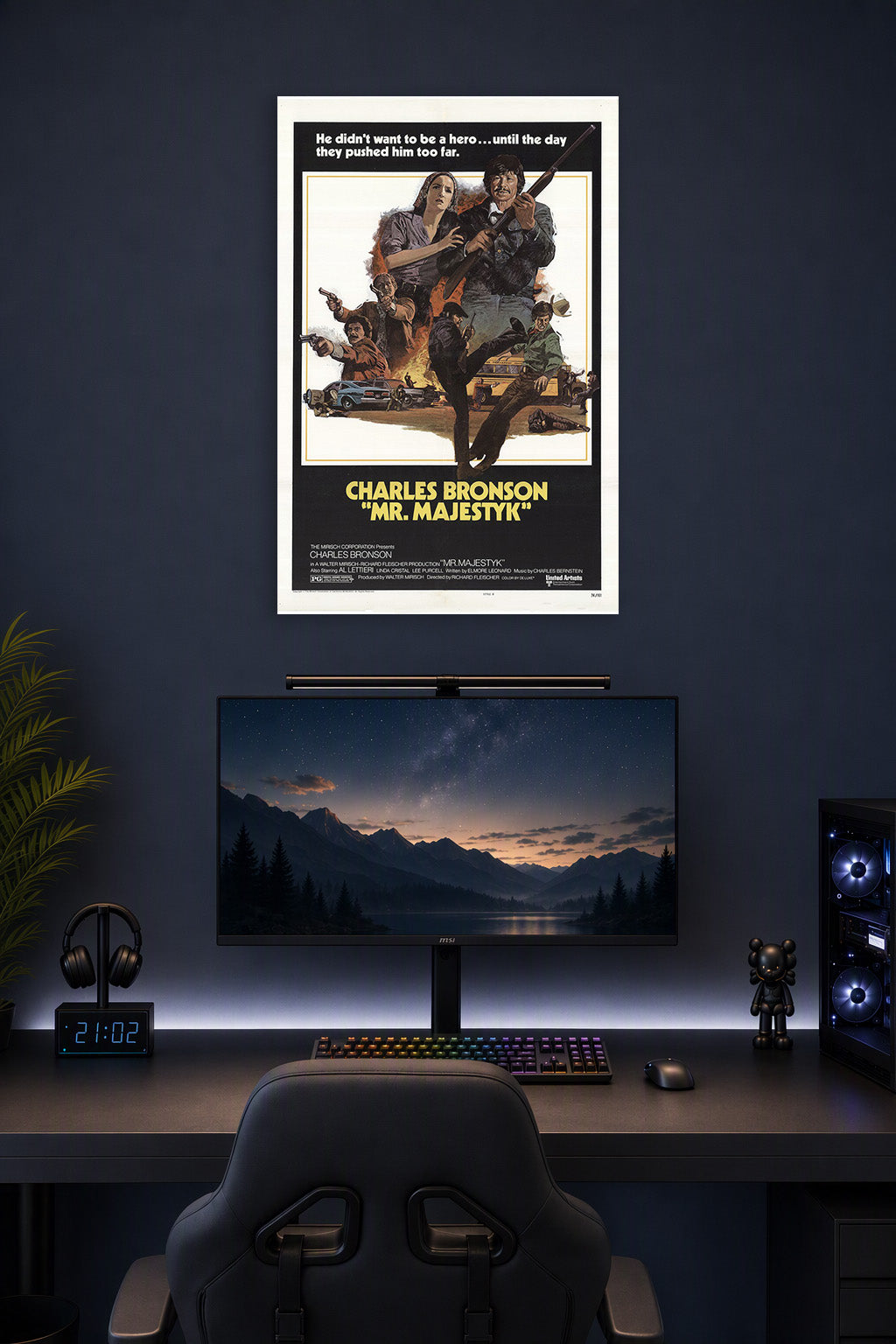 Charles Bronson Mr. Majestyk Movie Poster in a gaming desk setup above a monitor.