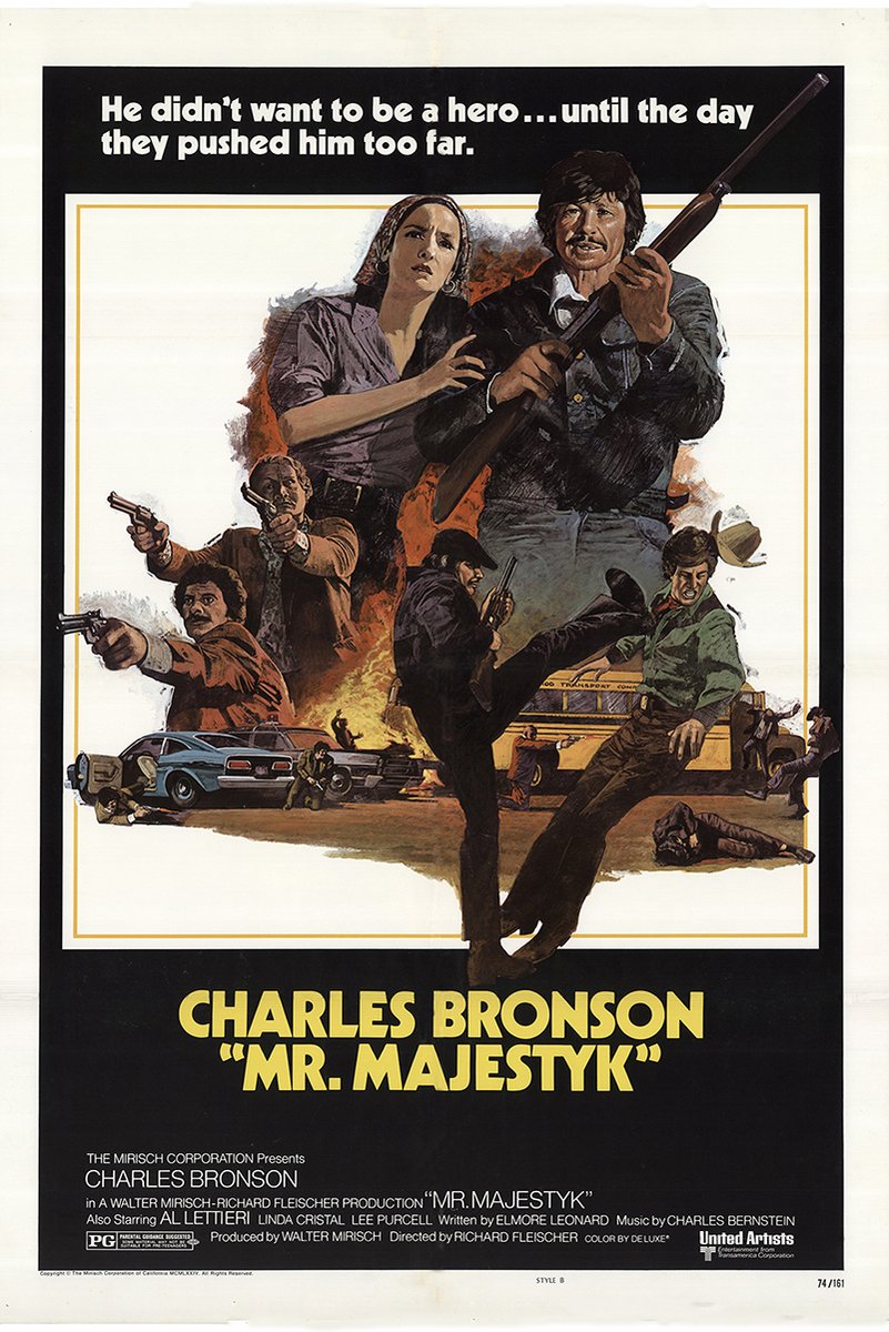 Mr. Majestyk movie poster wall art print with Charles Bronson holding a rifle above gunmen, cars, a bus, and an explosion.