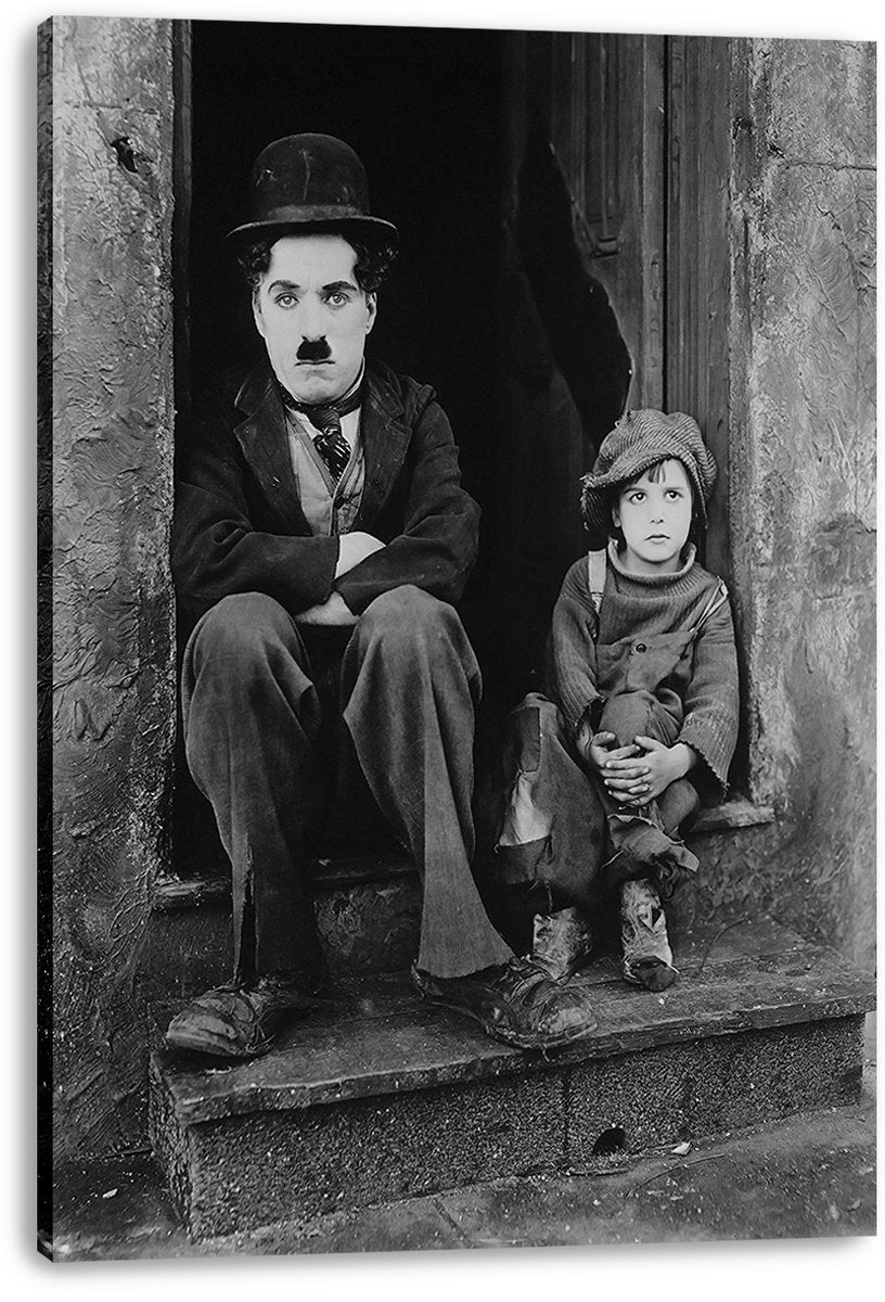 Charlie Chaplin The Kid canvas wall art print displaying the black-and-white doorway scene with Chaplin beside the child.