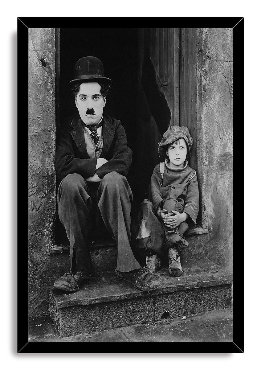 Charlie Chaplin The Kid framed wall art print, portraying Chaplin and the young boy seated together in a textured doorway.