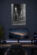 Charlie Chaplin The Kid in a gaming desk setup above a monitor.